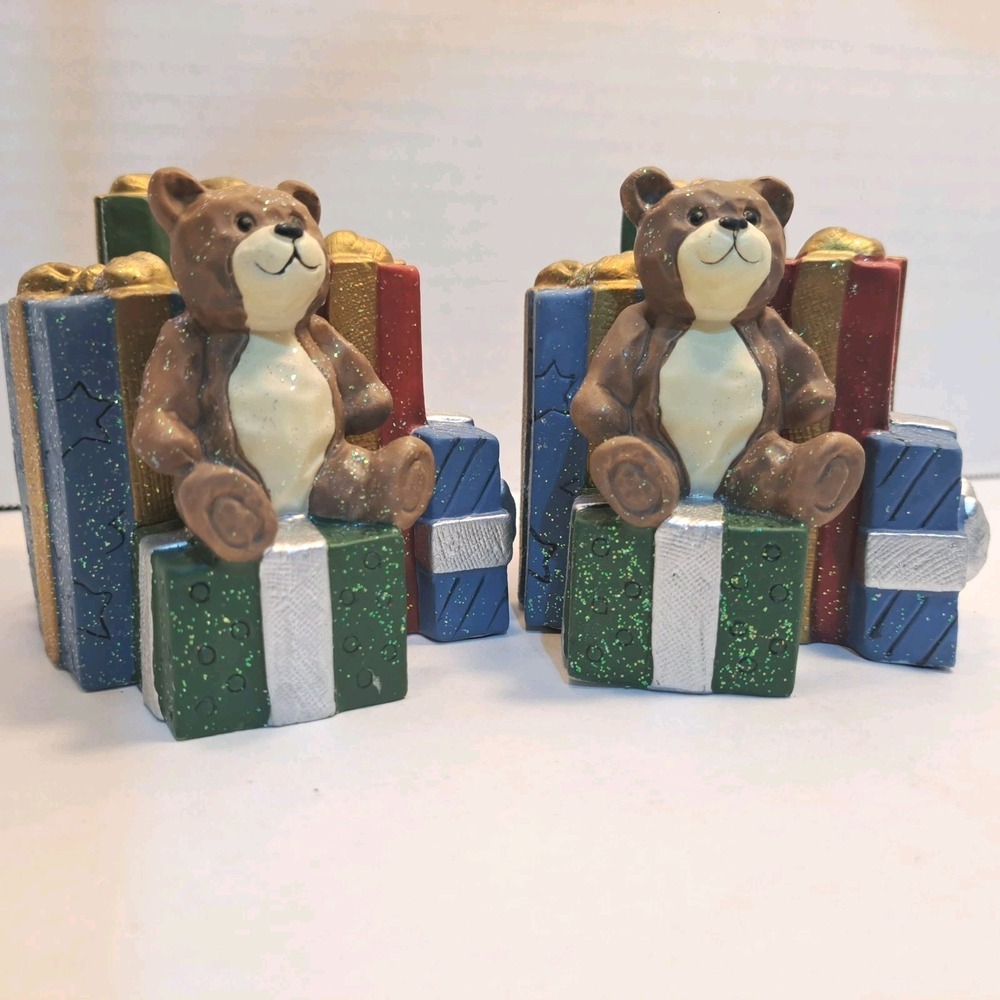 Vintage Christmas Present Teddy Bears Tapered Candle Holders Set of 2
